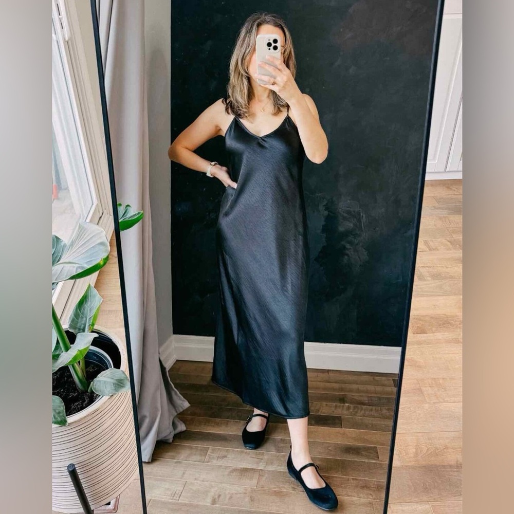Black Satin Midi Slip Dress